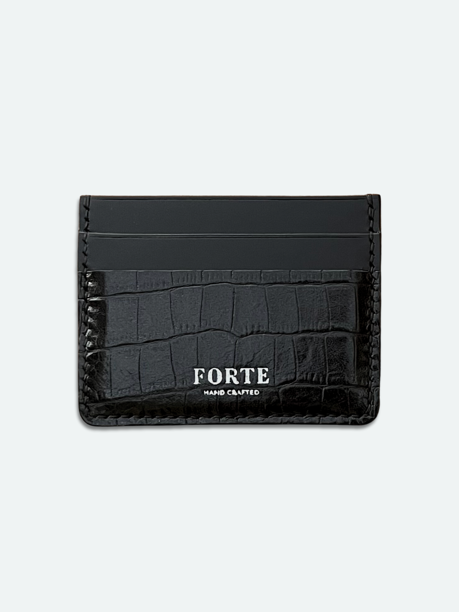 Vincenzo Card Holder In Noir Leather & Croc